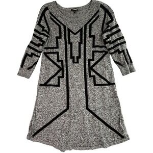 Black Geo Print Long Sleeve Tunic Dress Gray Black Size Medium Aztec A-Line‎